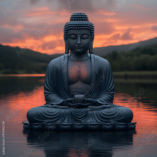 A serene Buddha statue reflects in tranquil waters, set against a captivating sunset backdrop. Perfect for spiritual and meditative themes. photo