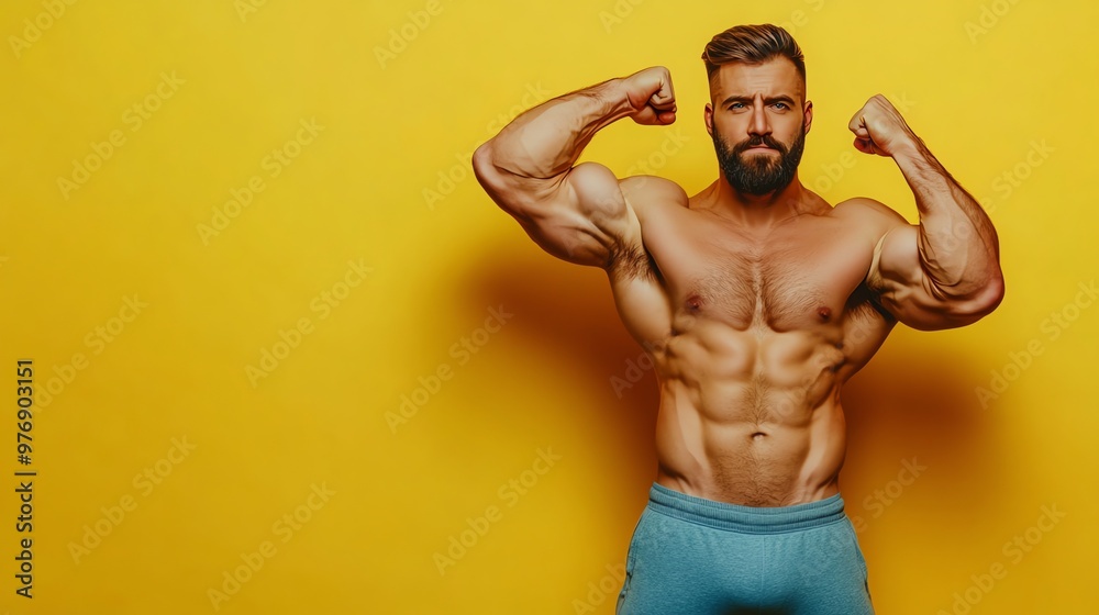 Fototapeta premium A muscular man with a beard flexes his biceps in front of a yellow background.
