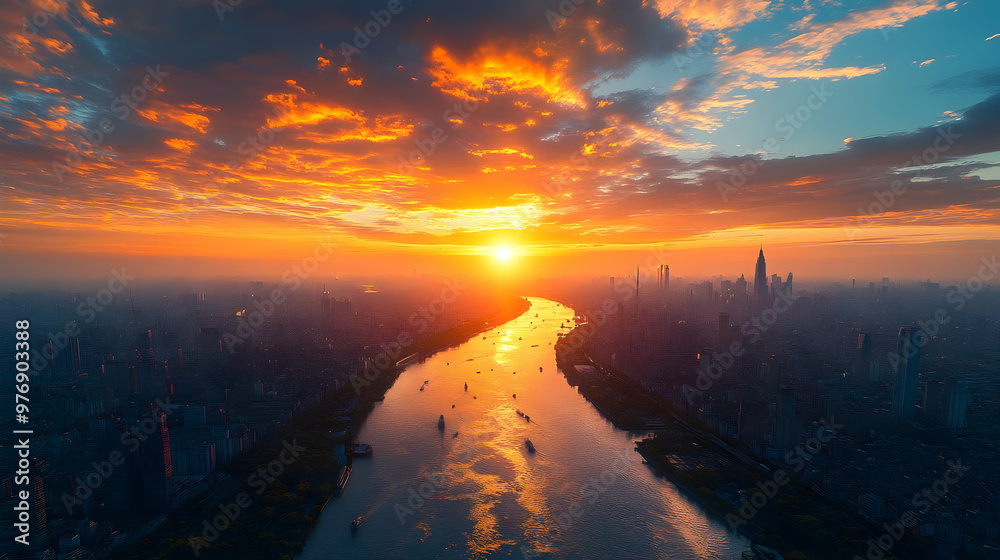 A breathtaking aerial view of a city skyline with a river winding through it at sunset. The sky is ablaze with vibrant orange and red hues as the sun dips below the horizon. A breathtaking aerial view of a city skyline with a river winding through it at sunset. The sky is ablaze with vibrant orange and red hues as the sun dips below the horizon.