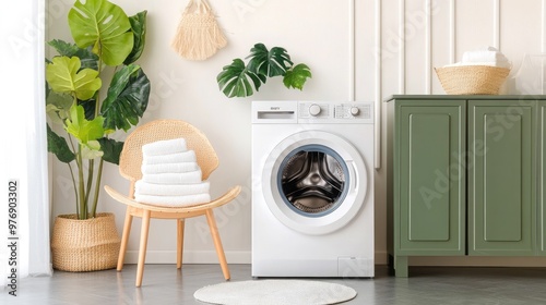 A modern washing machine stands in a stylish laundry room adorned with green cabinets and plants, creating a fresh and harmonious atmosphere bathed in natural light