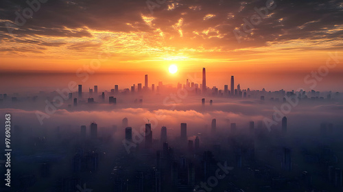 A breathtaking aerial view of a city skyline bathed in the golden glow of a sunrise, with the sun peeking through a blanket of clouds.