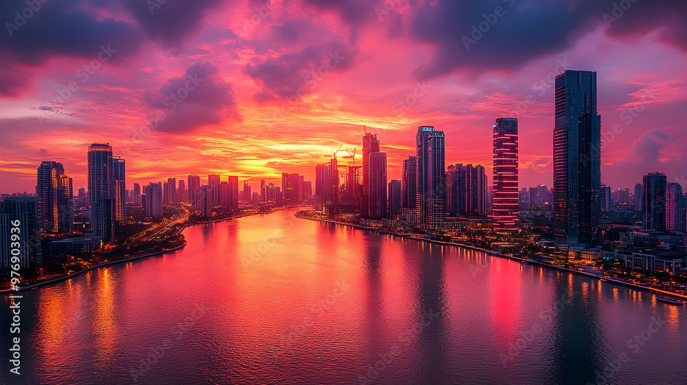 Fototapeta premium A breathtaking aerial view of a modern city skyline at sunset, with vibrant pink and purple hues illuminating the clouds and reflecting on the water.