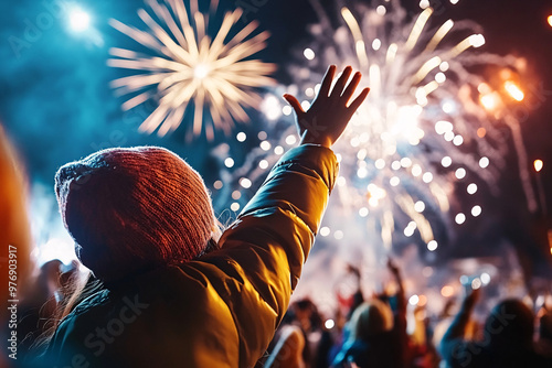 Spectacular fireworks lighting up the night sky at a New Year�s Eve celebration, with a crowd of people watching in awe photo