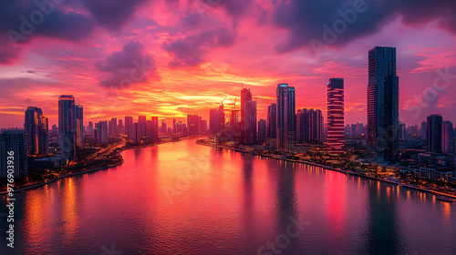 Wallpaper Mural A breathtaking aerial view of a modern city skyline at sunset, with vibrant pink and purple hues illuminating the clouds and reflecting on the water. Torontodigital.ca