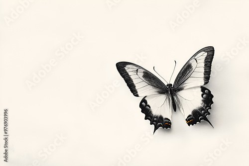 Beautiful butterfly Cepora Nerissa isolated on a white background. Black and white photo. photo