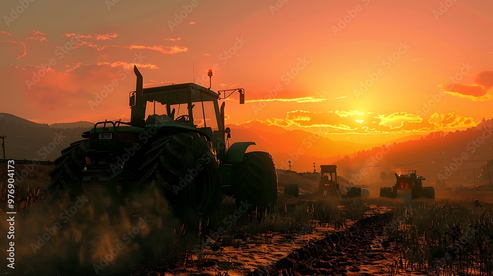 Fototapeta premium An excavation tractor against a backdrop of the rising sunset