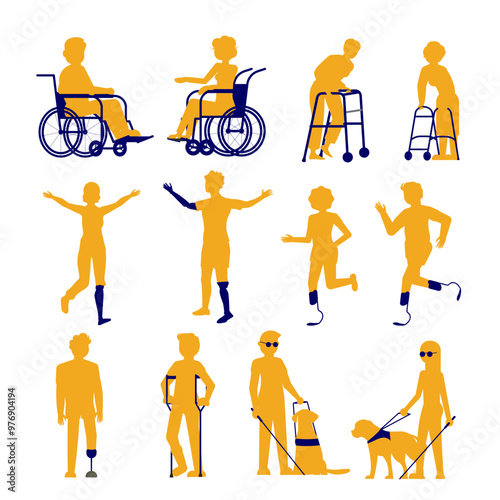 People with disability and special needs silhouette using wheelchair, cane and crutches for mobility, moving on bionic leg implant, having artificial hand blindness isolated set vector illustration