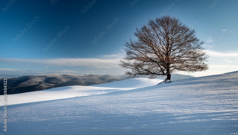 Snowy landscape with lone tree