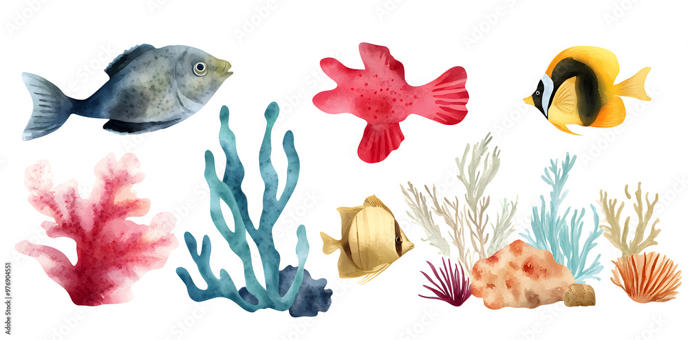 Group of coral reef fish, isolated on plain white