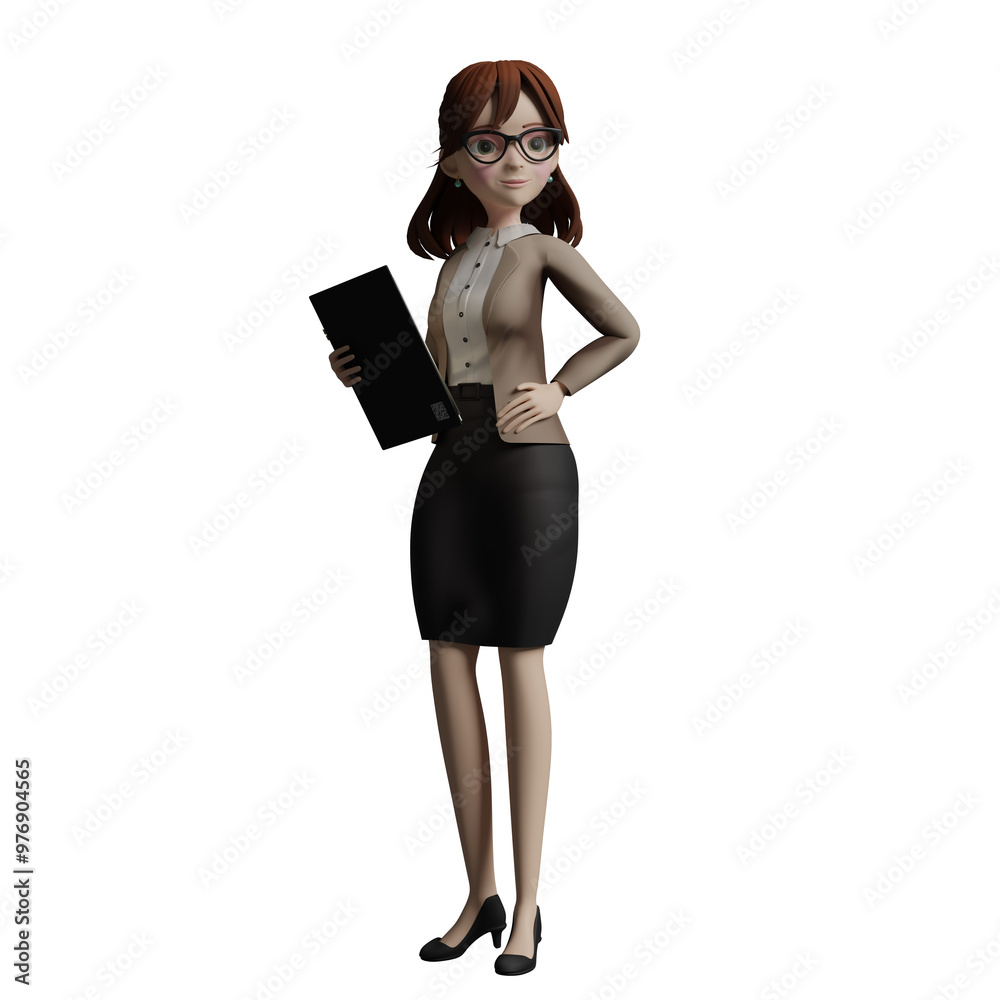 Female Teacher Professional Character. Female teacher with left hand on waist and right hand holding a book. 3D Illustration Female Teacher Professional Character. Female teacher with left hand on waist and right hand holding a book. 3D Illustration