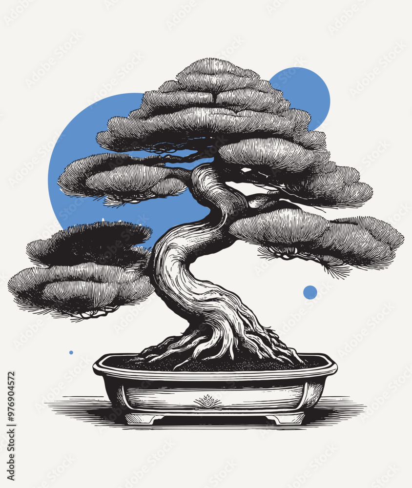 Vintage engraving of bonsai tree