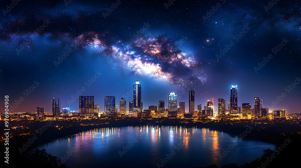 A breathtaking panoramic view of a city skyline with a stunning Milky Way galaxy overhead. A breathtaking panoramic view of a city skyline with a stunning Milky Way galaxy overhead.