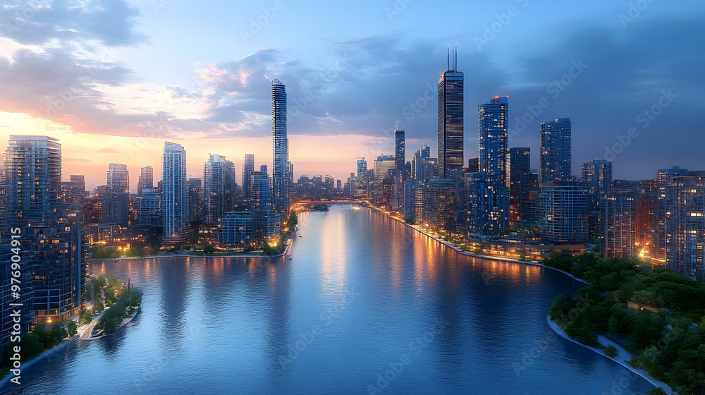 Obraz premium A breathtaking panoramic view of a modern city skyline at sunset, with the cityscape reflected in the calm waters of a river.