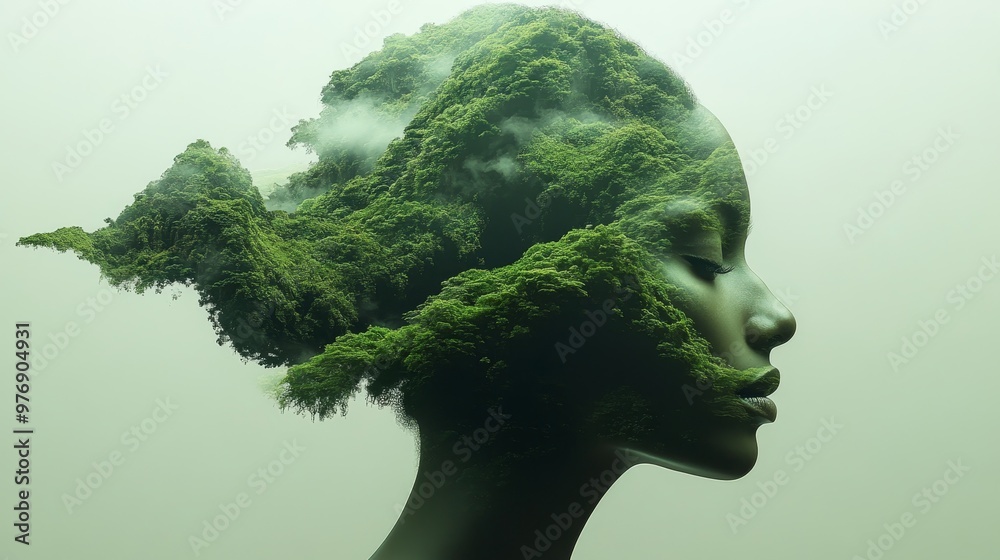 Woman Profile with Double Exposure of Lush Mountain Peaks Covered In Mist, Symbol of Tranquility. Woman Profile with Double Exposure of Lush Mountain Peaks Covered In Mist, Symbol of Tranquility.