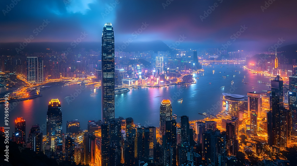 A breathtaking panoramic view of Hong Kong's skyline at night, illuminated with vibrant lights, reflecting on the harbor waters.