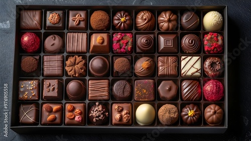 A box of artisanal Hand-crafted Chocolates, Valentine's Day, desserts, sweets, sweet tooth, close up HD, banner wallpaper background
