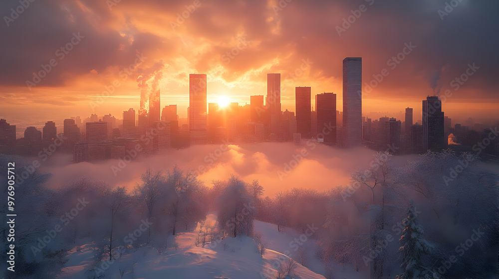 A breathtaking sunrise over a snowy cityscape, with the sun shining brightly behind tall buildings. A breathtaking sunrise over a snowy cityscape, with the sun shining brightly behind tall buildings.