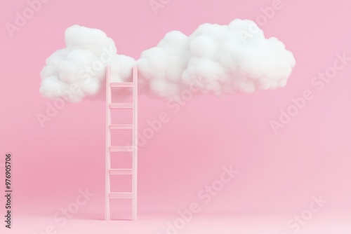 A surreal scene with a solitary pink chair placed between two pastel-colored trees, floating amidst fluffy clouds.. Beautiful simple AI generated image