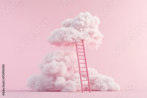 A surreal scene with a solitary pink chair placed between two pastel-colored trees, floating amidst fluffy clouds.. Beautiful simple AI generated image