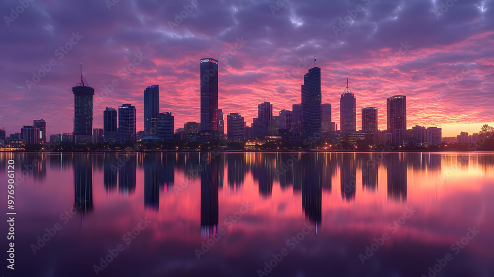 Fototapeta premium A breathtaking sunrise paints the sky over a city skyline reflected in a calm lake.