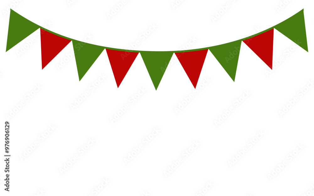 Ribbon with Christmas flags isolated on transparent and white background. Garland with triangular red and green flags on rope for the new year. Vector illustration. Close-up element for holiday design Ribbon with Christmas flags isolated on transparent and white background. Garland with triangular red and green flags on rope for the new year. Vector illustration. Close-up element for holiday design