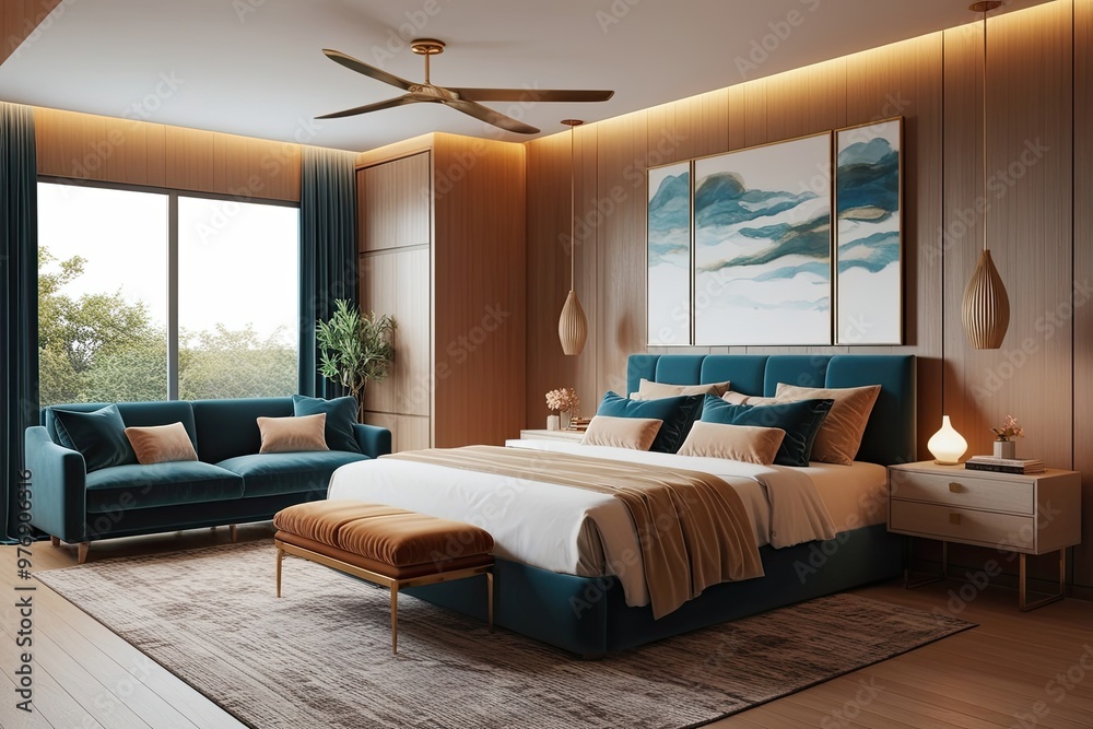 Fototapeta premium Modern Bedroom 3D Render Featuring Tranquil Decor and Cozy Atmosphere