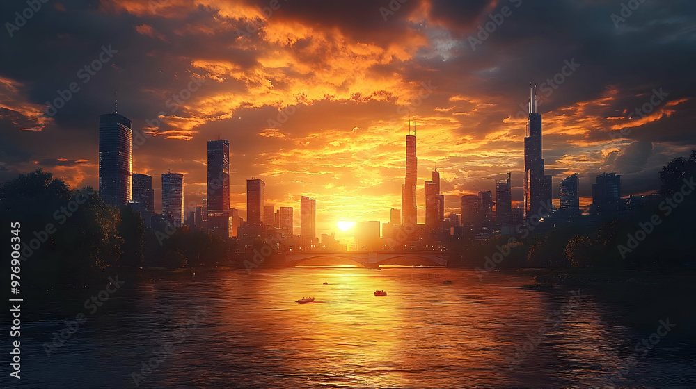A breathtaking sunset casts an orange glow over a modern city skyline, reflected in a river with boats. A breathtaking sunset casts an orange glow over a modern city skyline, reflected in a river with boats.