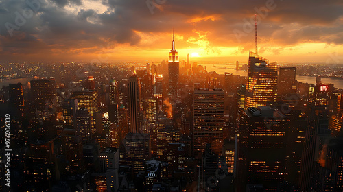 A breathtaking sunset casts a warm glow over the city skyline, illuminating the towering skyscrapers and reflecting on the river below.