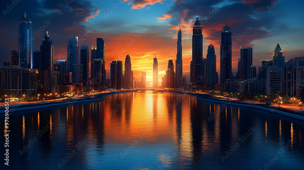 Fototapeta premium A breathtaking sunset over a modern city skyline with a reflecting water.