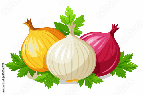 Realistic illustration of three onions: white, red, and yellow, with green parsley leaves arranged around them. The onions are detailed with natural textures and shading, showcasing different layers. 