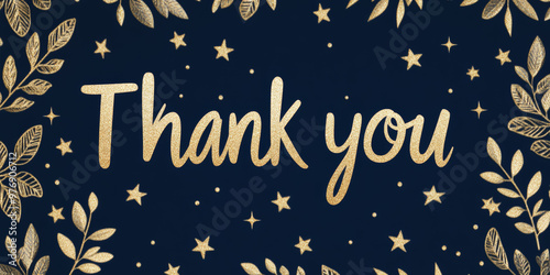 A glittery gold "Thank you" message surrounded by elegant golden leaves and stars on a dark navy blue background, conveying luxury and celebration. 