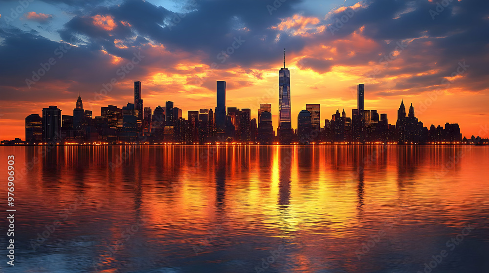 A breathtaking sunset over the New York City skyline with a fiery sky and calm water reflecting the city lights. A breathtaking sunset over the New York City skyline with a fiery sky and calm water reflecting the city lights.