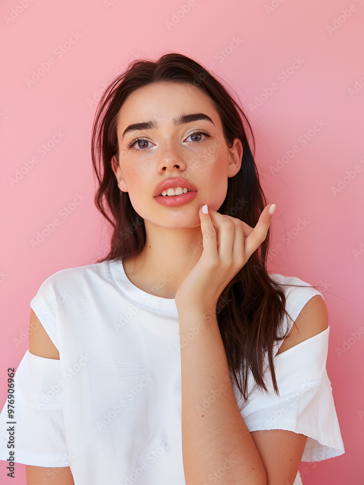 Portrait of young beautiful unhappy upset sad unwell girl has toothache look copyspace isolated on pink color background