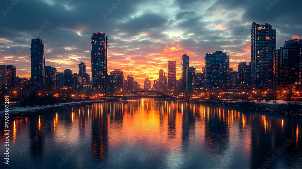 A breathtaking view of a city skyline at sunset, with the sun reflecting off the calm water and illuminating the buildings.