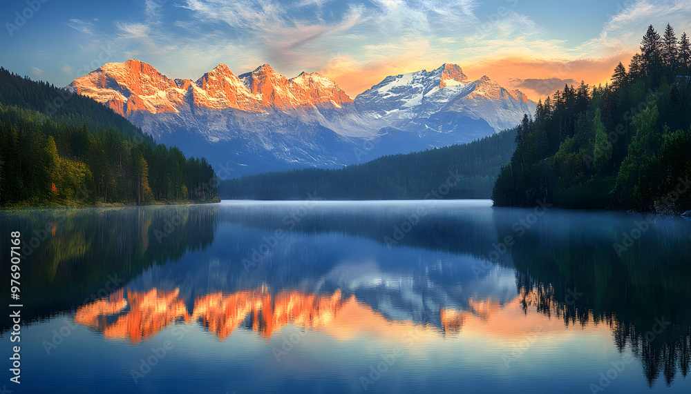 Nature Bliss: A serene mountain landscape with a lake reflecting the snowy peaks at sunrise Nature Bliss: A serene mountain landscape with a lake reflecting the snowy peaks at sunrise