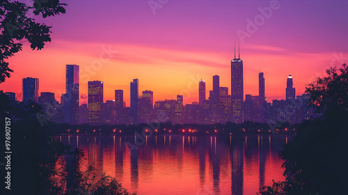 A breathtaking view of a cityscape silhouetted against a vibrant sunset. The sky is a mix of pink, orange, and purple, with the sun reflecting off the water.