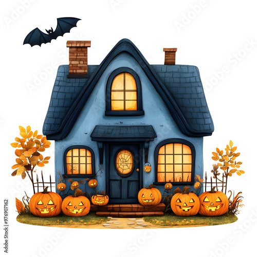 Cozy Cartoon Cottage with Spooky Halloween Pumpkins and Bats on Autumn Night photo