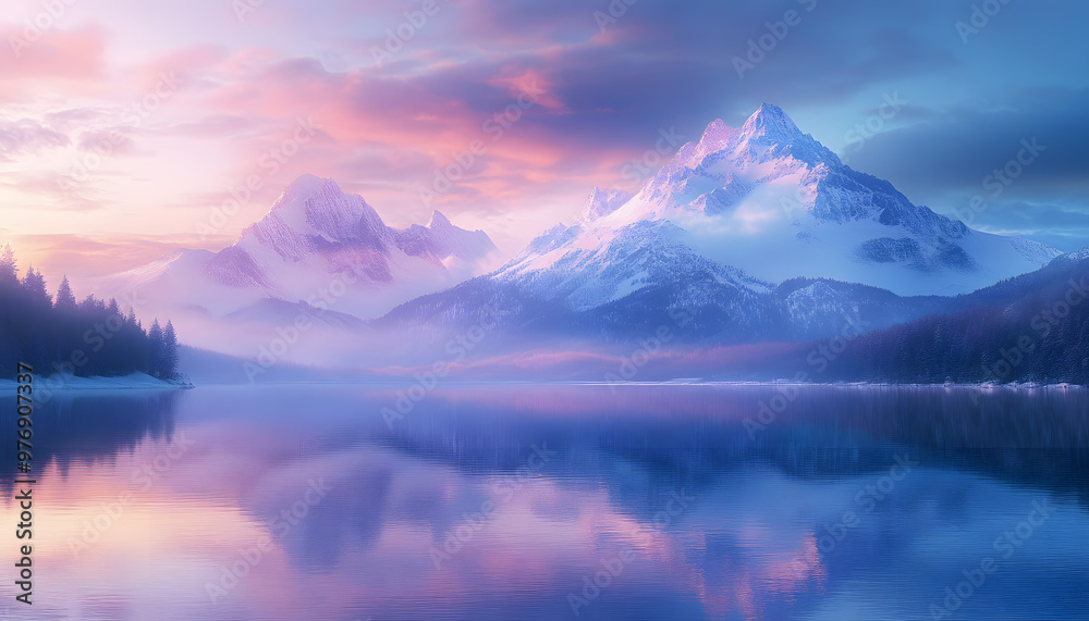 Nature Bliss: A serene mountain landscape with a lake reflecting the snowy peaks at sunrise Nature Bliss: A serene mountain landscape with a lake reflecting the snowy peaks at sunrise