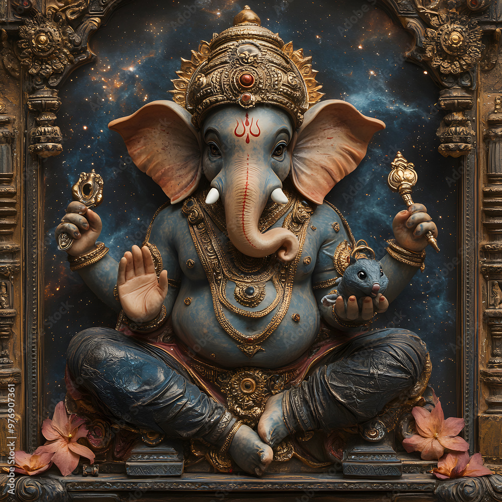 Fototapeta premium An ornate statue of Ganesha, the Hindu deity, set against a cosmic backdrop, symbolizing wisdom, prosperity, and new beginnings.