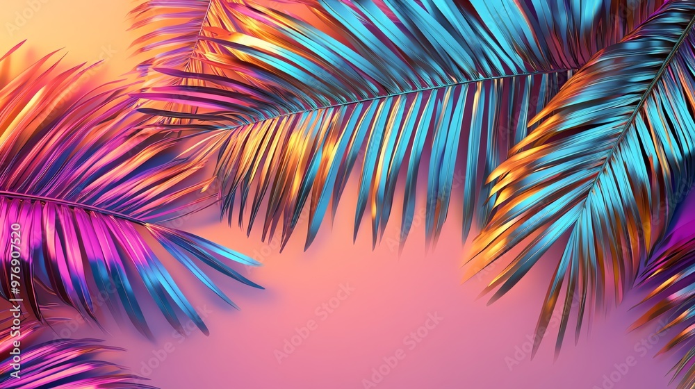 Vibrant, iridescent tropical leaves with neon hues. Vibrant, iridescent tropical leaves with neon hues.