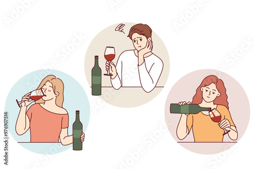 Problem of drinking alcohol beverages alone, in men and women who drink red wine. People with bottle and wineglass suffer from alcohol addiction and lack of friends to spend time together