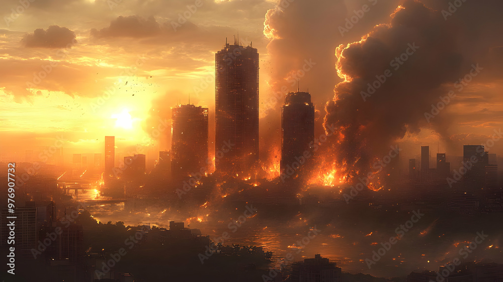 Fototapeta premium A burning city skyline at sunset, with smoke billowing from the tall buildings in the distance. The sun is setting in the background, casting an orange glow over the scene.
