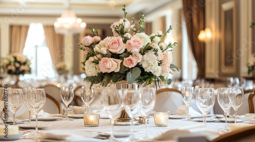 A beautiful floral centerpiece on a table set for a wedding reception.