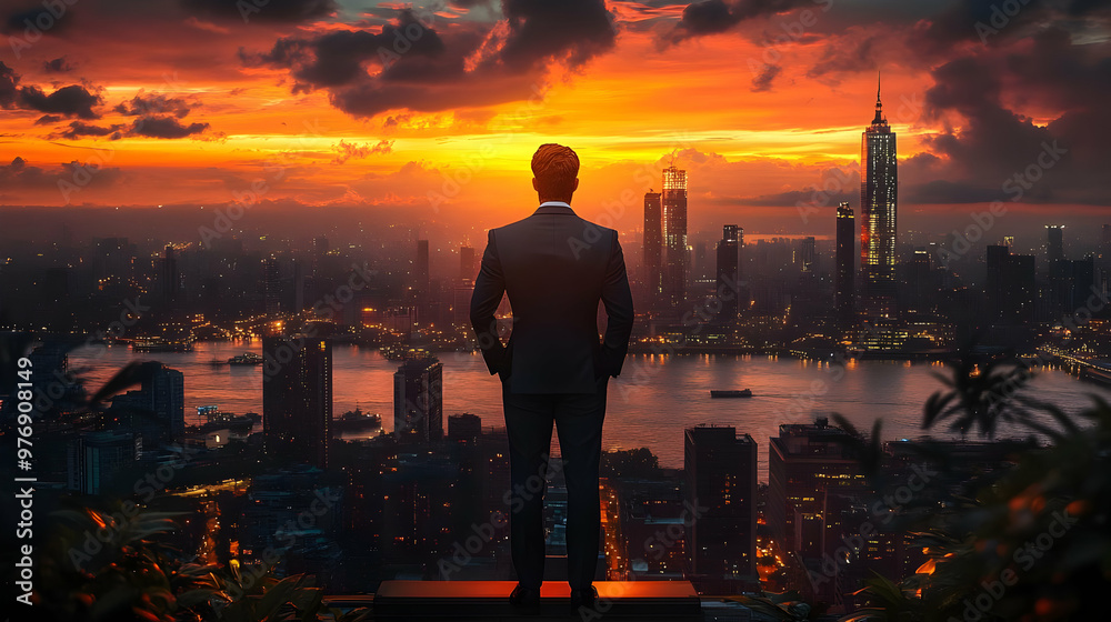 A businessman stands on a rooftop overlooking a cityscape at sunset. A businessman stands on a rooftop overlooking a cityscape at sunset.