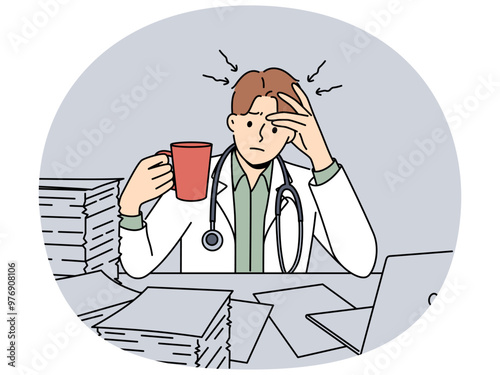 Frustrated doctor with cup of coffee sits at table with pile of papers and needs help of assistant. Concept of bureaucracy and overabundance of paperwork in doctor, causing apathy and burnout