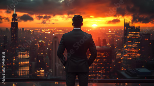 A businessman stands on a r...