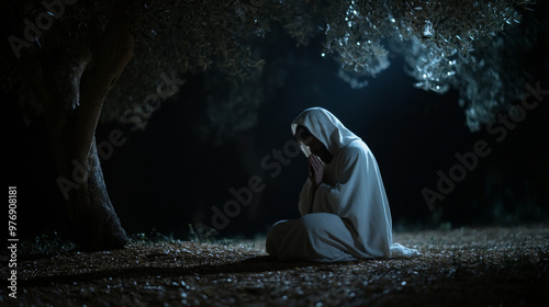 A solemn depiction of Jesus praying under the moonlight in the Garden of Gethsemane, symbolizing reflection, faith, and spiritual devotion.
