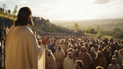 A depiction of Jesus preaching to a large crowd of followers, arms outstretched, symbolizing teaching, faith, and spiritual leadership in a biblical setting.
 photo