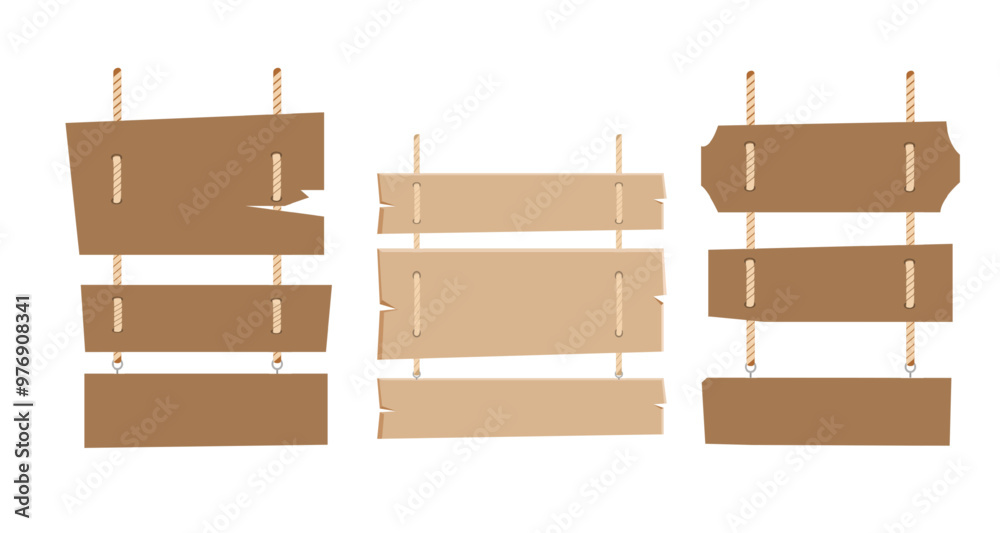 Naklejka premium Wood signboard plank with ropes vintage element flat style, vector illustration.