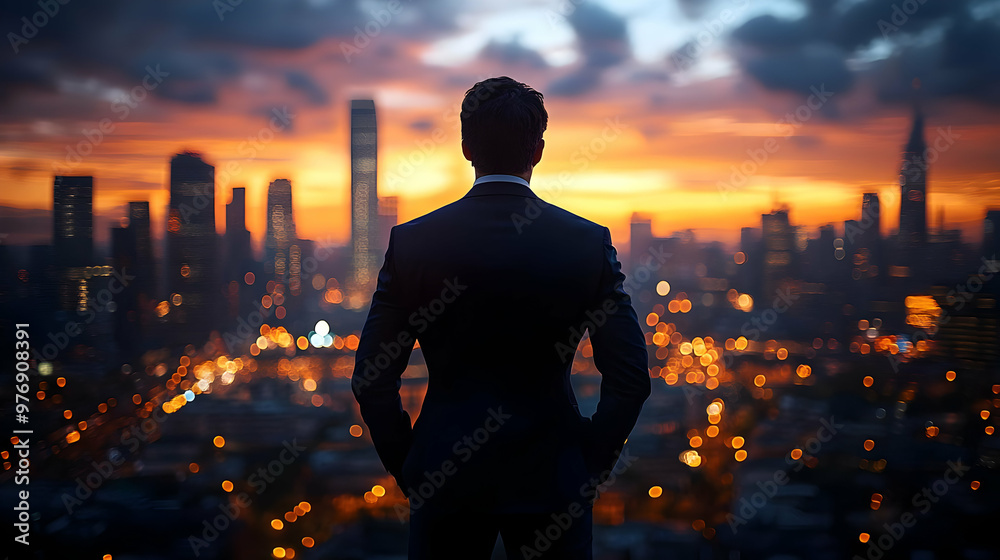 A businessman stands silhouetted against a cityscape at sunrise, looking out at the city lights and buildings, symbolizing ambition, success, and the future. A businessman stands silhouetted against a cityscape at sunrise, looking out at the city lights and buildings, symbolizing ambition, success, and the future.